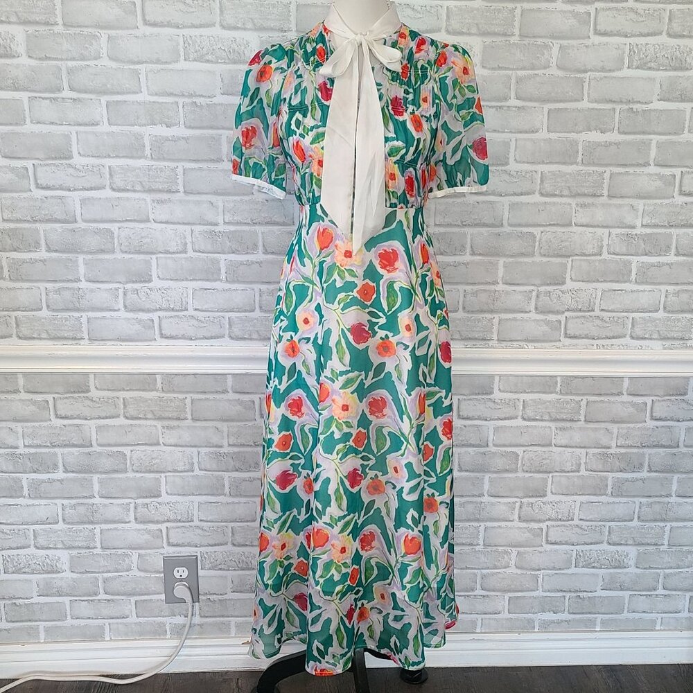 Psalter Poppy Floral Midi Dress Tie Neck Puff Sleeve Cottage Modest 36 EU 6 US